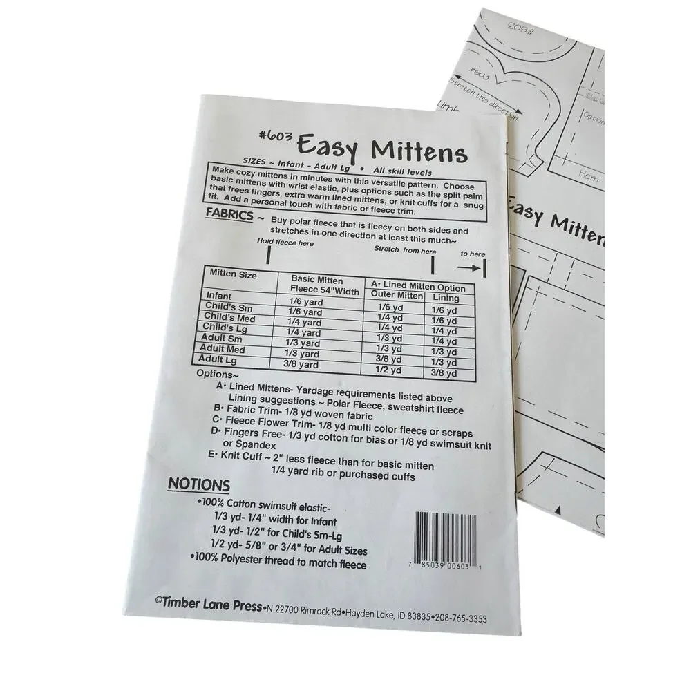 Timber Lane Press Easy Mittens Sewing‎ Pattern #603 Infant to Adult LG Winter